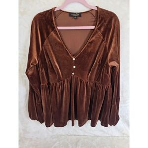 Suzanne Betro Brown Velvet Peplum Top V-Neck Long Sleeve Blouse U1602271
